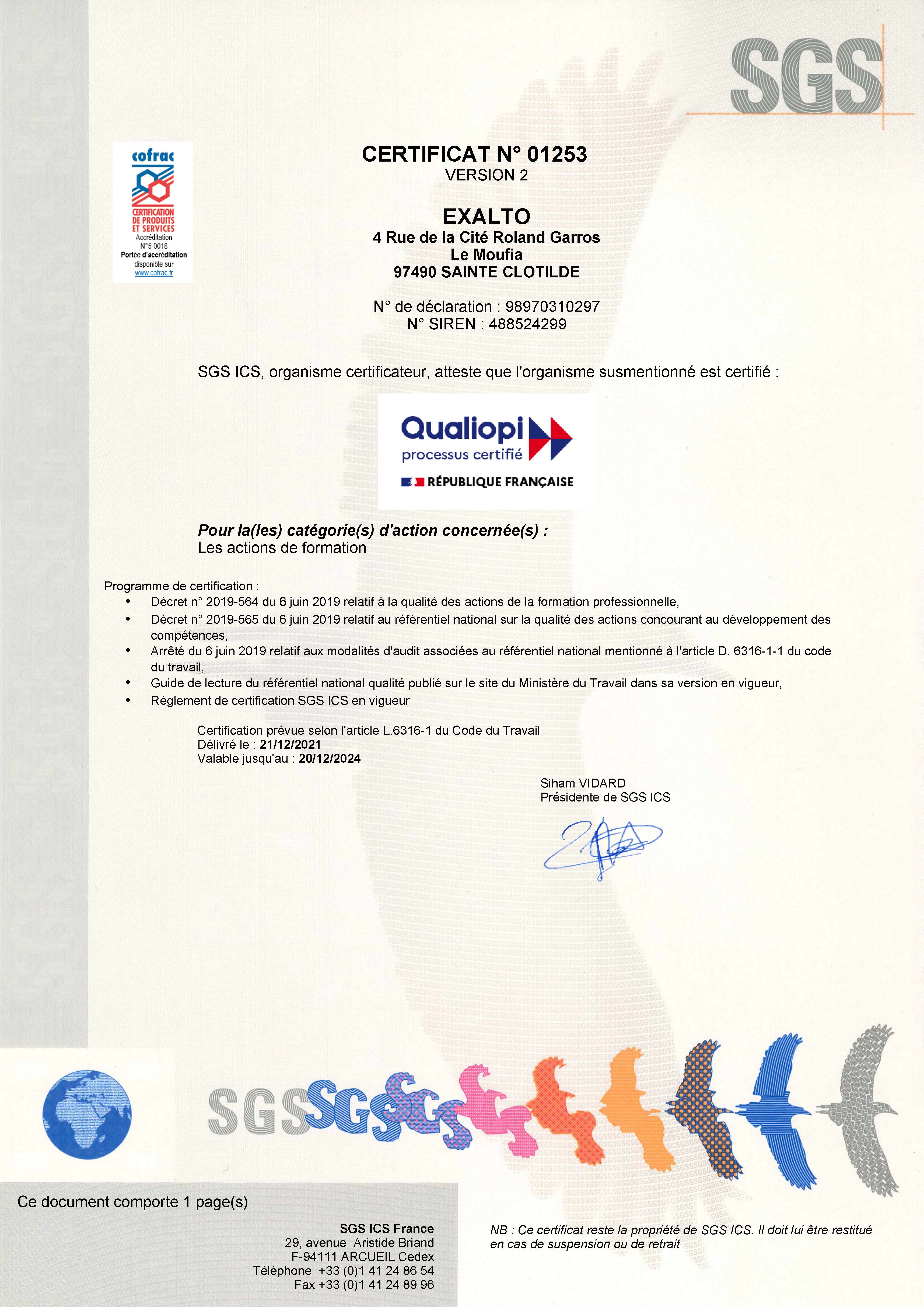 EXALTO - Certificat QUALIOPI